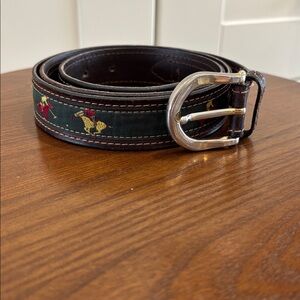 Men's Polo Player Embroidered Leather Trim Belt - Green/Brown